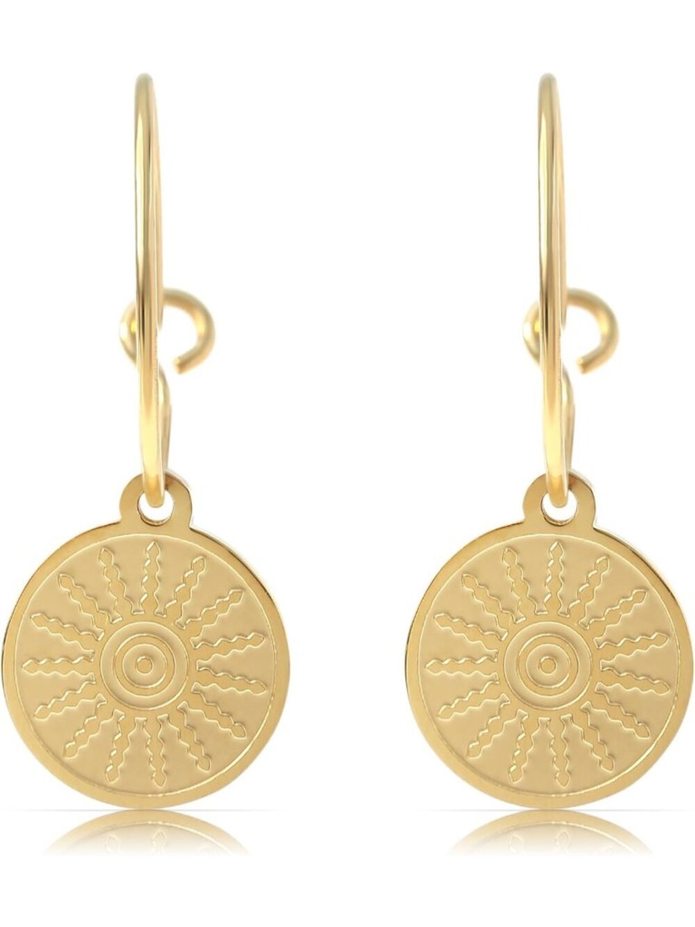 Gold Hanging Sun Pendant Earrings with Turquoise Stone | Boho Stainless Steel